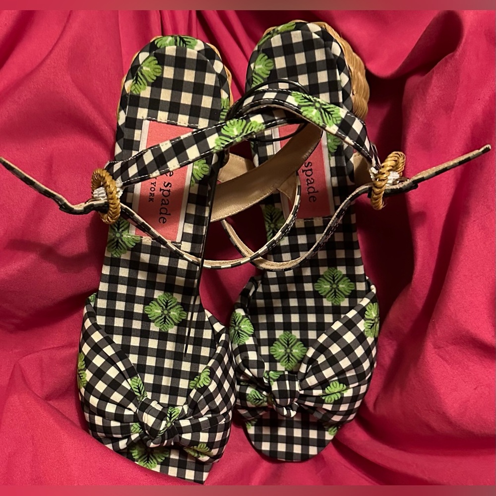 Kate Spade Hayden Knot Black and Green Gingham 3” heel Women's Sandals